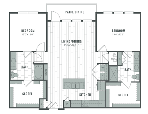 Floor plan for 2 beds, 2 baths, 1290 sqft